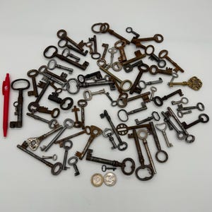 Può includere: Una collezione di chiavi antiche in metallo di varie dimensioni e design. Le chiavi sono in tonalità di marrone, bronzo e argento, con dettagli intricati. Una penna rossa è sul lato sinistro dell'immagine e due monete in basso.