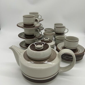 May include: A vintage tea set with a teapot, cups, saucers, creamer, and sugar bowl. The set features a cream-colored base with brown and tan stripes and accents. The cups and saucers are stacked, and the teapot has a matching lid.