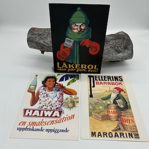 Swedish Vintage GROTE reclamepostkaarten, 3 verschillende soorten, Läckerol, Haiwa, Margarin,