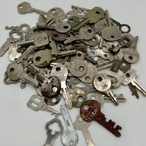 Könnte beinhalten: Eine Sammlung verschiedener Vintage-Schlüssel in unterschiedlichen Formen und Größen. Die Schlüssel sind aus Metall und weisen Alterserscheinungen auf, wobei einige Rost oder Verfärbungen aufweisen. Die Auswahl umfasst Schlüssel mit unterschiedlichen Kopfdesigns und Schlüssellochmustern.