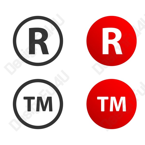 Trademark copyright icon set. Registered brand symbol. Legal copyright TM, R sign in circle, intellectual property. Right, property, law.