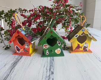 ON SALE! 3 Adorable Birdhouse Ornaments - "Wreath" collection