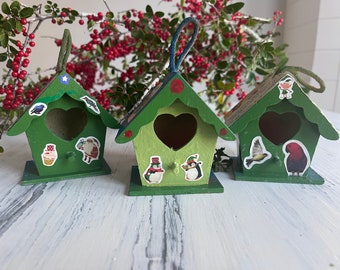 ON SALE! 3 Adorable Birdhouse Ornaments - "Ribbon" collection