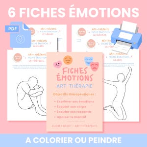 Op de afbeelding: Een set van zes printbare kunsttherapie-werkbladen met lijntekeningen van menselijke figuren in verschillende houdingen. De pagina's bevatten Franse tekst zoals Fiches Émotions en Art-Thérapie, samen met therapeutische doelstellingen en iconen.