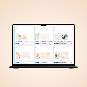 Op de afbeelding: Een computerscherm met zes verschillende ontwerpen voor wenskaarten. De ontwerpen bevatten aquarel illustraties van een baby, een plant, een kettlebell, bloemen, een hand met een nagellak flesje en een bord met eten. Elk ontwerp heeft een tekstvak om een ​​persoonlijke boodschap toe te voegen.