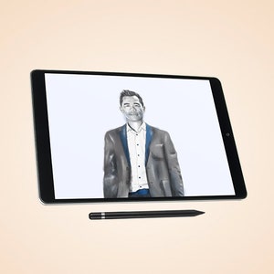 May include: A digital drawing of a person wearing a gray suit jacket, a white shirt, and blue jeans. The drawing is displayed on a tablet computer with a black stylus next to it.