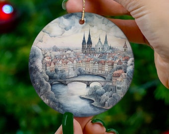 Prague Watercolor Landscape Ornament, Czechoslovakia Ornament, Gift for First Christmas, New Home, Travel Enthusiast, Office Coworker