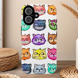 Funda para teléfono con cara de gato, coloridas cabezas de gato de dibujos animados, arte animal peculiar, patrón de gato de acuarela para iPhone y Samsung, regalo para amantes de los gatos.