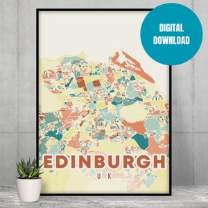 Mapa de Edimburgo: impresión digital, póster de viaje a Escocia, arte mural colorido, decoración minimalista moderna de Airbnb, paisaje urbano de tu ciudad natal.