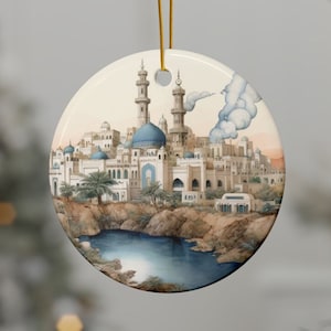 Decorazione da viaggio Muscat Oman: paesaggio urbano ad acquerello, decorazione natalizia personalizzata