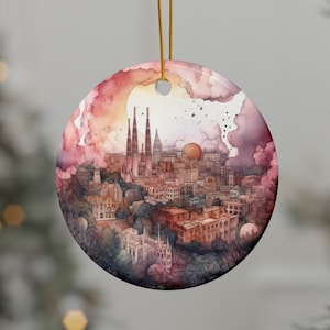 Barcelona Spanien personalisierte Reiseverzierung, Aquarell Stadt Ornament, elegante Weihnachtsverzierung für Wohnkultur, individuelle Geschenke für Freunde