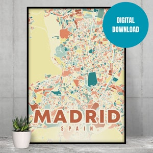 Madrid Reise Poster Digitaler Download Druck, Spanien Stadt Karte, Bunte Wandkunst, Airbnb Minimalistisches Modernes Dekor Heimatstadt Stadtbild Printable