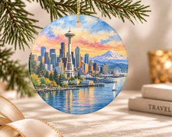 Seattle Washington Ornament, Personalized Watercolor City Keepsake