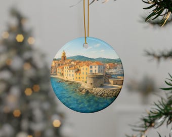 Décoration de voyage personnalisée Saint-Tropez France, décoration de Noël aquarelle Côte d'Azur, souvenir de vacances personnalisé