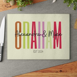 Custom Cutting Board, Personalized Newlywed Gift for Couple, Family Name Est 2024 Glass Cutting Board, Custom Bridal Shower Gift for Her