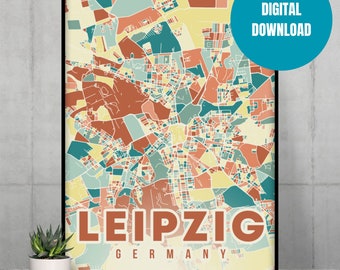 Leipzig Travel Poster, City Map Digital Art Print Download, Colorful Germany Wall Art, Airbnb Minimalist Modern Decor, Home Town Map Gift