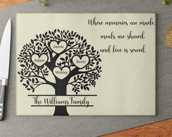 Custom Cutting Board, Personalized Tempered Glass Chopping Board, Family Name Tree of Life, Gift for Housewarming Wedding