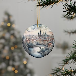 Prague Czechoslovakia Personalized Travel Ornament, Watercolor City Ornament, Elegant Christmas Ornament Home Decor, Custom Gift for Friend