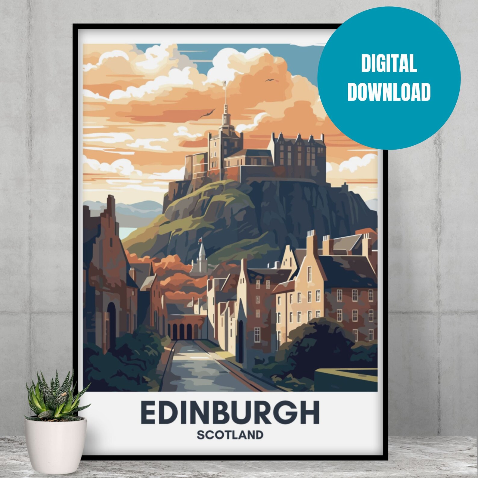 Edinburgh Travel Poster, Cityscape Digital Download, Vintage Wall Art ...