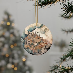 Personalized Lisbon Travel Ornament: Watercolor Cityscape, Elegant Christmas Decor
