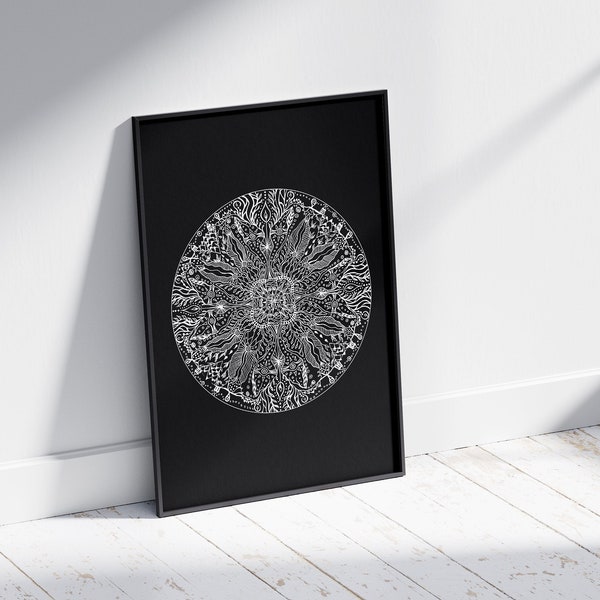 Unique Mandala Artwork, Black and White Wall Art, Digital Download Art, Mandala Fire Flower for Dining room, Yoga Meditation Studio Decor