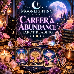 May include: A black cat wearing a crescent moon pendant sits beside three tarot cards featuring celestial imagery. The text reads Moonlighting Tarot Career & Abundance Tarot Reading. A crystal ball, gold coins, candles, and purple flowers surround the cards.