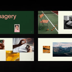 Puede incluir: Un collage de im&aacute;genes que muestran diferentes estilos de fotograf&iacute;a. La primera imagen es un fondo verde con la palabra "Imagery" en texto rosa. La segunda imagen es una cancha de tenis verde con una silla marr&oacute;n y pelotas de tenis naranjas. La tercera imagen es un collage de cuatro im&aacute;genes: una mano sosteniendo un pu&ntilde;ado de peque&ntilde;os objetos redondos amarillos, una mano sosteniendo un peque&ntilde;o frasco con una etiqueta blanca, una rodaja de c&iacute;tricos amarillos y una mano sosteniendo un peque&ntilde;o objeto redondo amarillo. La cuarta imagen es una foto de paisaje de una cordillera con un r&iacute;o que atraviesa el valle.