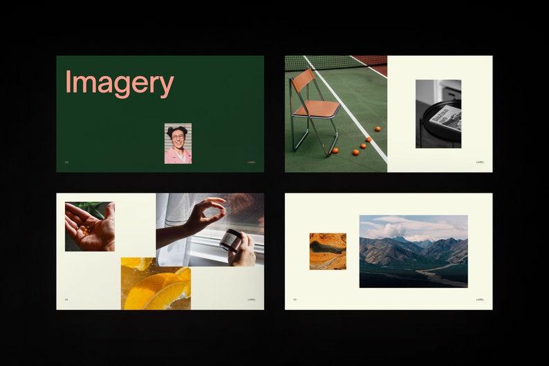 Puede incluir: Un collage de im&aacute;genes que muestran diferentes estilos de fotograf&iacute;a. La primera imagen es un fondo verde con la palabra "Imagery" en texto rosa. La segunda imagen es una cancha de tenis verde con una silla marr&oacute;n y pelotas de tenis naranjas. La tercera imagen es un collage de cuatro im&aacute;genes: una mano sosteniendo un pu&ntilde;ado de peque&ntilde;os objetos redondos amarillos, una mano sosteniendo un peque&ntilde;o frasco con una etiqueta blanca, una rodaja de c&iacute;tricos amarillos y una mano sosteniendo un peque&ntilde;o objeto redondo amarillo. La cuarta imagen es una foto de paisaje de una cordillera con un r&iacute;o que atraviesa el valle.