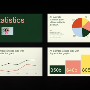 Puede incluir: Una diapositiva de presentaci&oacute;n con el t&iacute;tulo "Estad&iacute;sticas" y cuatro gr&aacute;ficos diferentes. El primer gr&aacute;fico es un gr&aacute;fico circular con cinco secciones en rojo, amarillo, rosa, azul y verde. El segundo gr&aacute;fico es un gr&aacute;fico de l&iacute;neas con dos l&iacute;neas en negro y rojo. El tercer gr&aacute;fico es un gr&aacute;fico de barras con tres barras en verde, rosa y amarillo. Las barras est&aacute;n etiquetadas con el texto "350b", "640b" y "805b".