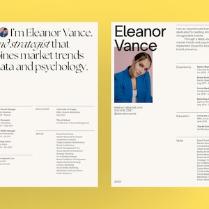 May include: A resume for Eleanor Vance, a brand strategist. The resume includes her contact information, experience, education, and skills. The resume is designed with a modern, minimalist aesthetic.