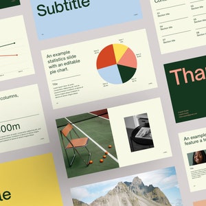 Puede incluir: Una presentaci&oacute;n de diapositivas con un esquema de color verde, amarillo y azul. Las diapositivas presentan varios gr&aacute;ficos, diagramas y texto. El texto incluye las palabras "&iexcl;Gracias!" y "T&iacute;tulo Subt&iacute;tulo".