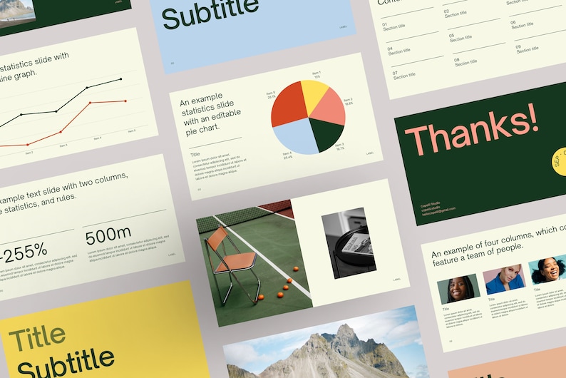 Puede incluir: Una presentaci&oacute;n de diapositivas con un esquema de color verde, amarillo y azul. Las diapositivas presentan varios gr&aacute;ficos, diagramas y texto. El texto incluye las palabras "&iexcl;Gracias!" y "T&iacute;tulo Subt&iacute;tulo".