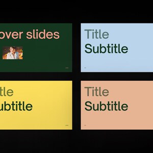 Puede incluir: Cuatro diapositivas de presentaci&oacute;n con diferentes fondos de color. La primera diapositiva es verde oscuro con el texto "Cover slides" en rosa. La segunda diapositiva es azul claro con el texto "Title Subtitle" en verde oscuro. La tercera diapositiva es amarilla con el texto "Title Subtitle" en verde oscuro. La cuarta diapositiva es naranja claro con el texto "Title Subtitle" en verde oscuro.
