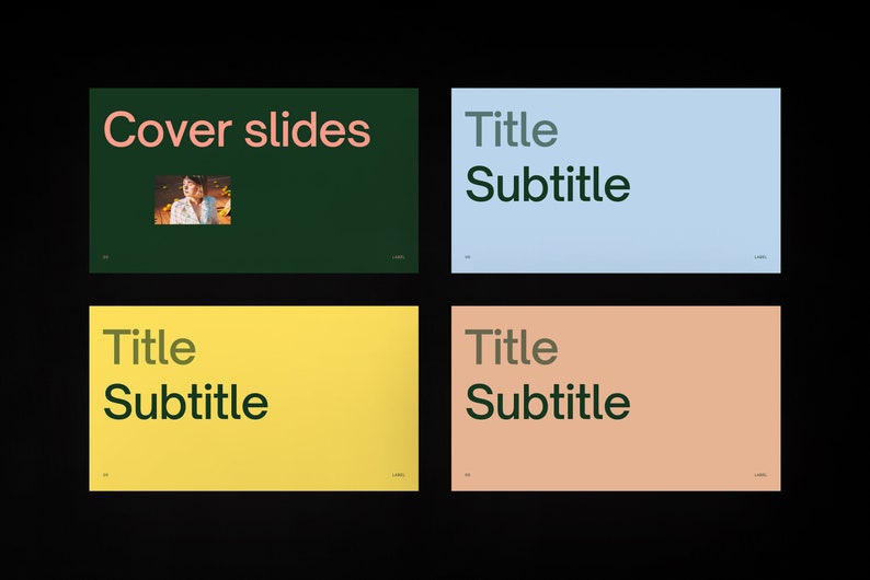 Puede incluir: Cuatro diapositivas de presentaci&oacute;n con diferentes fondos de color. La primera diapositiva es verde oscuro con el texto "Cover slides" en rosa. La segunda diapositiva es azul claro con el texto "Title Subtitle" en verde oscuro. La tercera diapositiva es amarilla con el texto "Title Subtitle" en verde oscuro. La cuarta diapositiva es naranja claro con el texto "Title Subtitle" en verde oscuro.