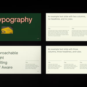 Puede incluir: Una diapositiva de presentaci&oacute;n con la palabra "Tipograf&iacute;a" en fuente rosa sobre un fondo verde oscuro. La diapositiva tambi&eacute;n incluye una peque&ntilde;a imagen de un objeto amarillo y verde. La siguiente diapositiva tiene el texto "Approachable Bright Exciting Self Aware" en fuente negra sobre un fondo crema claro. Las diapositivas restantes tienen texto en fuente negra sobre un fondo crema claro con el texto "Un ejemplo de diapositiva de texto con dos columnas, sin encabezados ni reglas." y "Un ejemplo de diapositiva de texto con tres columnas, tres encabezados y reglas."