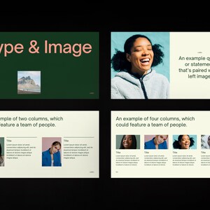 Puede incluir: Una diapositiva de presentaci&oacute;n con el t&iacute;tulo "Type & Image" y un fondo verde. La diapositiva muestra ejemplos de c&oacute;mo usar texto e im&aacute;genes juntos en una presentaci&oacute;n. El primer ejemplo muestra una imagen de una cordillera de monta&ntilde;as a la izquierda y una cita a la derecha. El segundo ejemplo muestra dos columnas con im&aacute;genes de personas y texto. El tercer ejemplo muestra cuatro columnas con im&aacute;genes de personas y texto.
