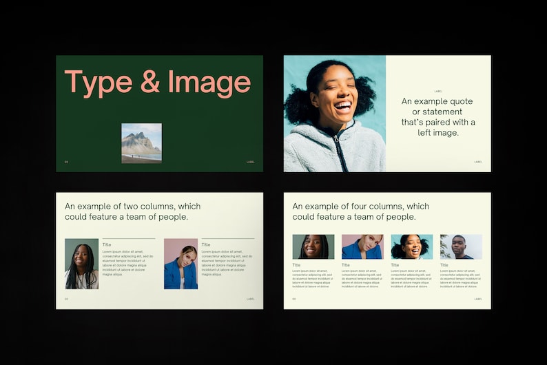 Puede incluir: Una diapositiva de presentaci&oacute;n con el t&iacute;tulo "Type & Image" y un fondo verde. La diapositiva muestra ejemplos de c&oacute;mo usar texto e im&aacute;genes juntos en una presentaci&oacute;n. El primer ejemplo muestra una imagen de una cordillera de monta&ntilde;as a la izquierda y una cita a la derecha. El segundo ejemplo muestra dos columnas con im&aacute;genes de personas y texto. El tercer ejemplo muestra cuatro columnas con im&aacute;genes de personas y texto.