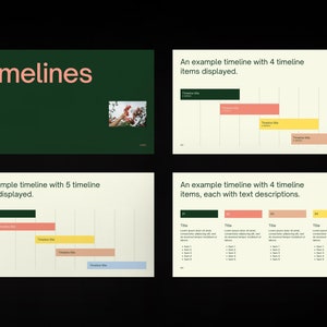 Puede incluir: Una diapositiva de presentaci&oacute;n con la palabra "Timelines" en rosa sobre un fondo verde oscuro. La diapositiva muestra cuatro ejemplos diferentes de l&iacute;neas de tiempo con varios colores y descripciones de texto.