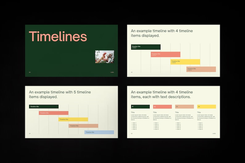 Puede incluir: Una diapositiva de presentaci&oacute;n con la palabra "Timelines" en rosa sobre un fondo verde oscuro. La diapositiva muestra cuatro ejemplos diferentes de l&iacute;neas de tiempo con varios colores y descripciones de texto.