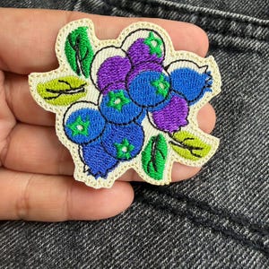 May include: An embroidered patch featuring a cluster of blueberries in shades of blue and purple, accented with bright green leaves. The design is stitched onto a cream-colored fabric base with a die-cut edge, showcasing detailed thread work.