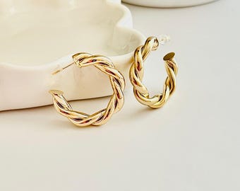 Chunky 18K Vergoldete Hoop Ohrringe | Sterling Silber Post | Gedrehtes Seil Design | Geschenk für Sie