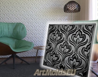 May include: A decorative wall panel with a floral pattern in black and gray. The panel is displayed in a room with a white textured wall, a green chair, and a lamp. The text "ArtMoldsEU" is visible.