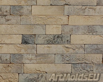 May include: Close-up of a brick wall with a textured surface. The bricks are rectangular and vary in color, including beige, gray, and dark gray. The wall has a weathered appearance, with visible imperfections.