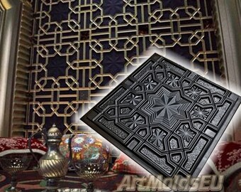 May include: A black silicone mold with a detailed geometric design. The mold is shaped like a square and features a repeating pattern of stars and intricate lines. The mold is perfect for creating decorative concrete or resin tiles.