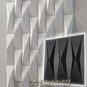 Peut inclure: Un moule en silicone noir pour créer un panneau mural géométrique. Le moule est divisé en trois sections, chacune présentant un motif répétitif de triangles qui se chevauchent. Le moule est présenté à côté d'un panneau mural blanc avec le même design.