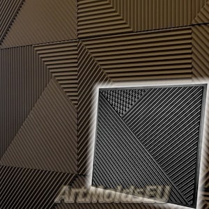 Puede incluir: Un panel de pared 3D negro y marrón con un patrón geométrico. El panel está hecho de un material texturizado y tiene un diseño en relieve. El panel se muestra en primer plano.