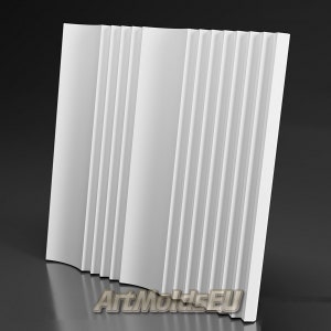 Op de afbeelding: Witte wandpaneel met een decoratief, verhoogd, verticaal, lineair patroon. Het paneel heeft een licht gebogen rand.