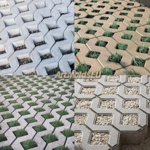 Puede incluir: Imagen compuesta que muestra cuatro diseños diferentes de bloques de pavimentación de hormigón. Los bloques son grises y beige, con patrones geométricos. Algunos bloques tienen hierba o grava que llenan los espacios, creando una superficie visualmente atractiva y funcional.