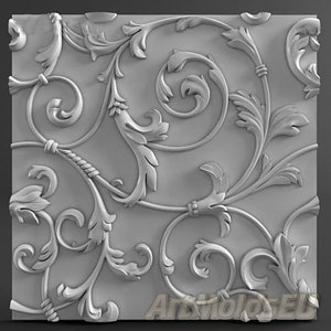 Può includere: Un pannello da parete bianco stampato in 3D con un design decorativo ornato di viti e foglie a spirale.