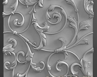 May include: A 3D model of a decorative wall panel with a repeating pattern of stylized leaves and vines. The panel is made of a smooth, white material and has a raised, textured surface.